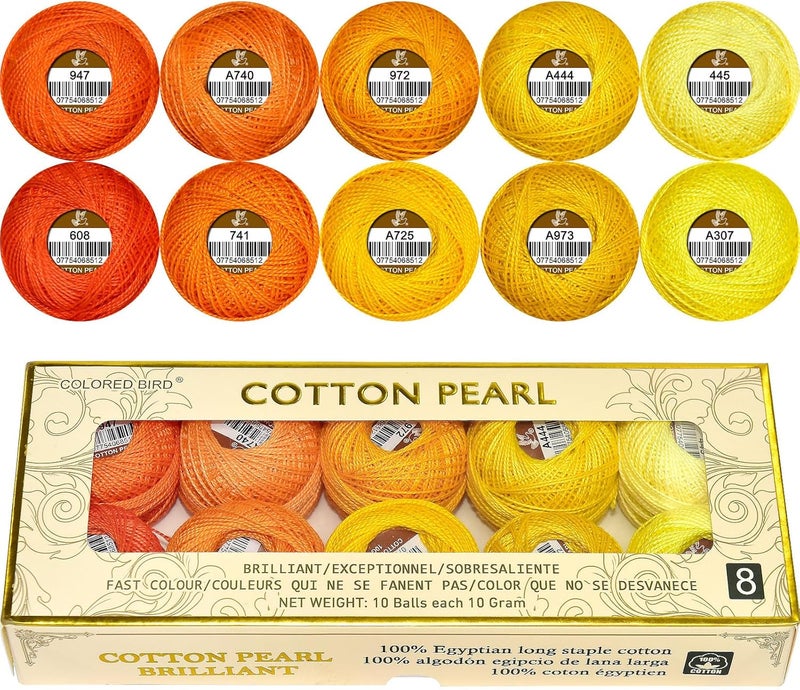 colored bird Double Mercerized Egyptian Long Staple Cotton Pearl Thread Ball 10 Grams Rainbow Color Embroidery Thread 10 Colors per Box for Crochet Hardanger Cross Stitch Hand Embroidery,Orange Series - Image 1
